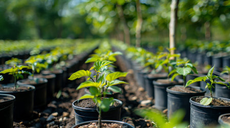 A tree nursery with rows of young trees in pots, ready for planting to restore natural habitats.の素材