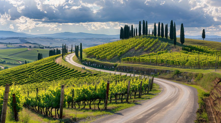 A winding road through vineyards in Tuscany, Italy, with rolling hills and cypress trees.の素材