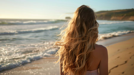 A woman with long, flowing beach waves, standing by the ocean with sun-kissed highlights in her hair.の素材