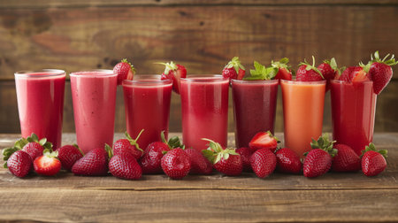 A variety of fresh strawberries displayed on a wooden table next to glasses of strawberry smoothiesの素材