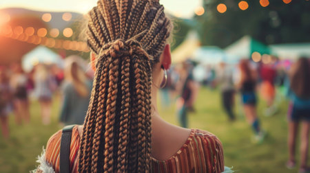 A woman with long braided hair styled into intricate boho braids, attending a music festival outdoors.の素材