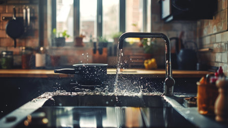 An industrial-style faucet in a loft apartment kitchen, pouring water into a large pot.の素材