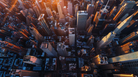 An aerial view of a cityscape at sunset, with skyscrapers and winding streets.の素材