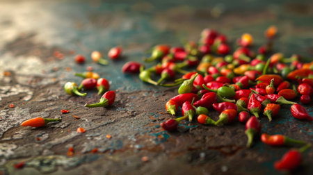 Close-up of spicy Thai bird's eye chili peppers, scattered on a rustic kitchen counter.の素材
