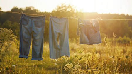 Clothesline with denim jeans and shirts drying under the sun in a rural countryside setting.の素材