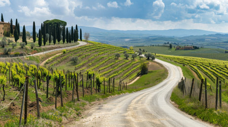 A winding road through vineyards in Tuscany, Italy, with rolling hills and cypress trees.の素材