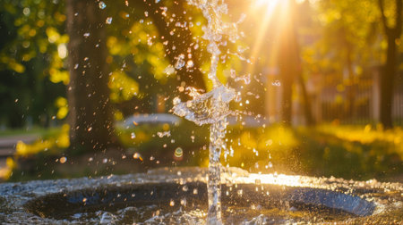 An outdoor public park drinking fountain, water arcing up and catching the sunlight.の素材