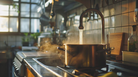 An industrial-style faucet in a loft apartment kitchen, pouring water into a large pot.の素材