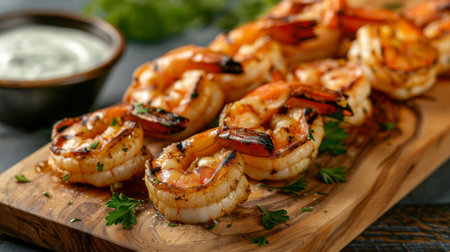 A wooden board with grilled shrimp arranged artistically, garnished with parsley and served with dipping sauce.の素材