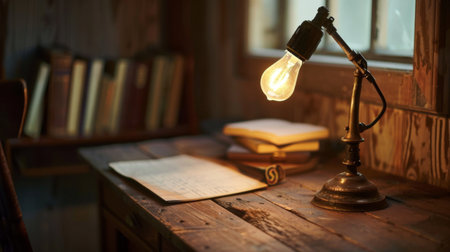 A vintage desk lamp with a classic light bulb, lighting up a wooden study desk.の素材
