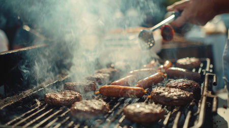 Smoke from a barbecue grill enveloping a chef as they flip burgers and sausages on a sunny day.の素材