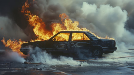 Flames engulfing a car in a parking lot, with smoke rising and intense heat visible.の素材