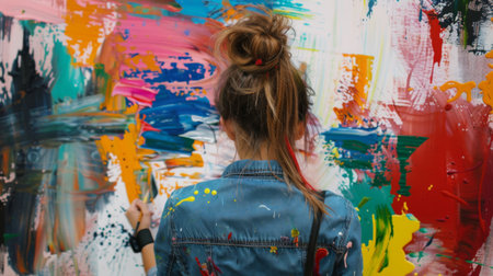 A woman painting abstract art on a canvas with bold brush strokes and splatters of vibrant colors.の素材