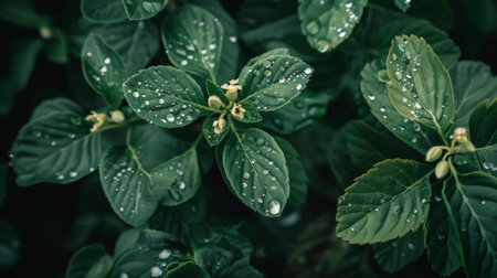 Close-up of raindrops on the intricate veins of a green leafy plant with small white flowers.の素材