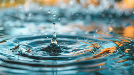 Close-up of a water droplet splashing into a crystal-clear pond, creating ripples on the surface.の素材