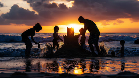 Silhouettes of a family building a sandcastle on the beach, with waves crashing nearby at high tide.の素材