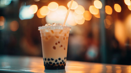 Close-up of a refreshing bubble milk tea with tapioca pearls, served in a clear plastic cup with a straw.の素材