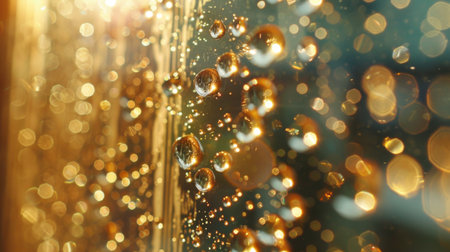 Macro shot of water droplets on a windowpane, refracting sunlight and creating a prism effect indoors.の素材