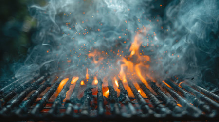 Close-up of smoke rising from a barbecue grill, with flames visible beneath the cooking grate.の素材