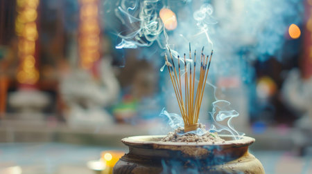 Incense sticks burning in a temple, with fragrant smoke curling upwards in a place of worship.の素材