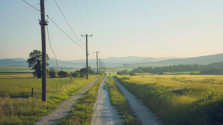 Telephone signal poles lined along a countryside road, surrounded by green fields and clear skies.の素材