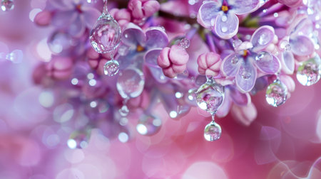 Water droplets on the delicate purple and white blossoms of a lilac tree in early spring.の素材