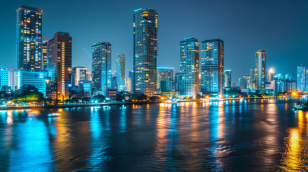 Evening view of illuminated high-rise buildings along a river, reflecting their lights on the water's surface.の素材