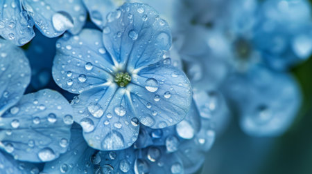 Water droplets on the delicate blue petals of a forget-me-not flower in a garden setting.の素材