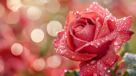 Macro shot of dewy water droplets on the petals of a vibrant red rose in a garden.の素材
