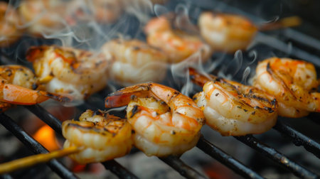 Close-up of succulent grilled shrimp skewers on a barbecue grill, with grill marks and smoke rising.の素材