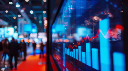 A bar graph displayed on a digital screen at a trade show booth, showcasing company growth.の素材