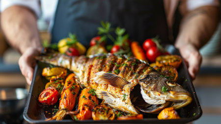 A chef presenting a gourmet dish of grilled fish with roasted vegetables.の素材