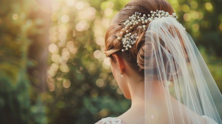 A bride with an elegant updo hairstyle adorned with pearls and a veil on her wedding day.の素材