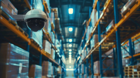 A CCTV camera with motion detection technology capturing activity in a warehouse.の素材