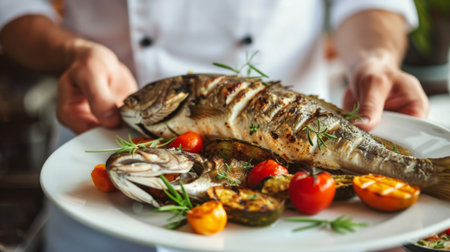 A chef presenting a gourmet dish of grilled fish with roasted vegetables.の素材