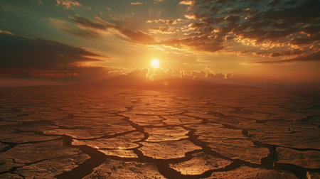 A barren landscape with cracked earth under a scorching sun, symbolizing the impact of global warming.の素材