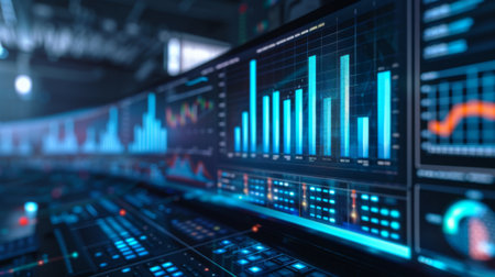 A bar graph displayed on a monitor in a control room, monitoring operational efficiency metrics.の素材