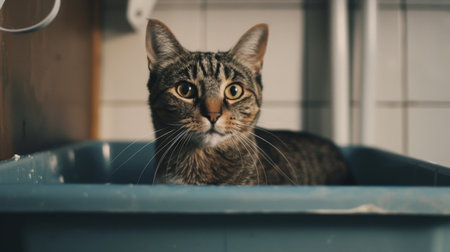 A cat standing in a litter box, looking over its shoulder at the cameraの素材