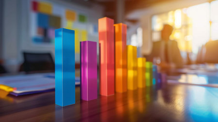A businessperson presenting a colorful bar graph during a meeting in a modern conference room.の素材
