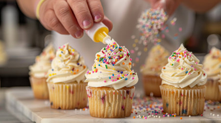 A baker piping frosting onto cupcakes, decorating them with colorful sprinkles.の素材