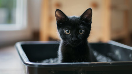 A black cat halfway in and out of a litter box, caught in action.の素材