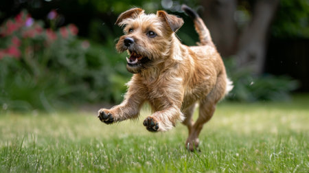 A Border Terrier learning new commands and responding with enthusiasm in a backyard setting.の素材