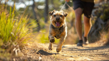 A Border Terrier racing alongside its owner on a trail, enjoying the outdoor adventure.の素材