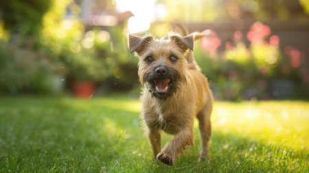 A Border Terrier learning new commands and responding with enthusiasm in a backyard setting.の素材