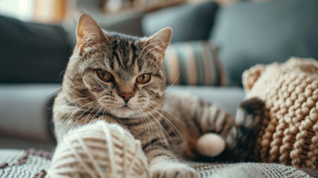 A big, round tabby cat playfully pouncing on a ball of yarn in a cozy living room.の素材