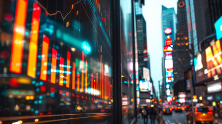 A bar graph displayed on a digital billboard in a busy urban area, illustrating economic growth.の素材