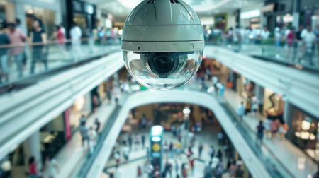 A CCTV camera capturing footage of people walking in a busy shopping mall.の素材
