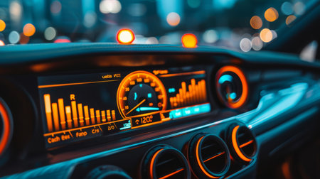 A car stereo system with a visible equalizer display, highlighting the car's speakers' performance.の素材