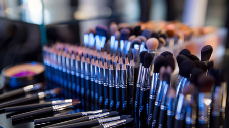 A collection of eyebrow pencils and brushes on a makeup artist's workstation.の素材