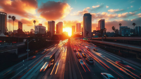 A city skyline at sunset, with traffic moving smoothly on a modern highway below.の素材
